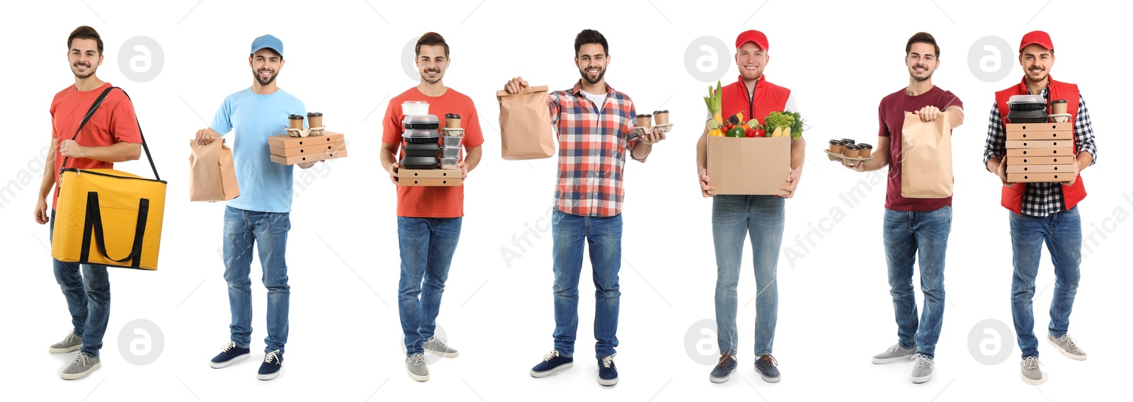 Food delivery service workers isolated on white, collage of portraits Image of Food delivery service workers isolated on white, collage of portraits