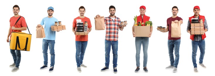 Image of Food delivery service workers isolated on white, collage of portraits