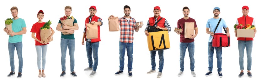 Image of Food delivery service workers isolated on white, collage of portraits