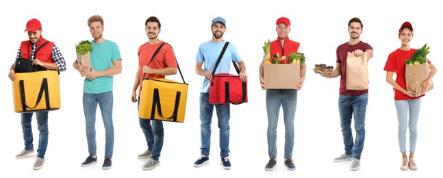 Image of Food delivery service workers isolated on white, collage of portraits