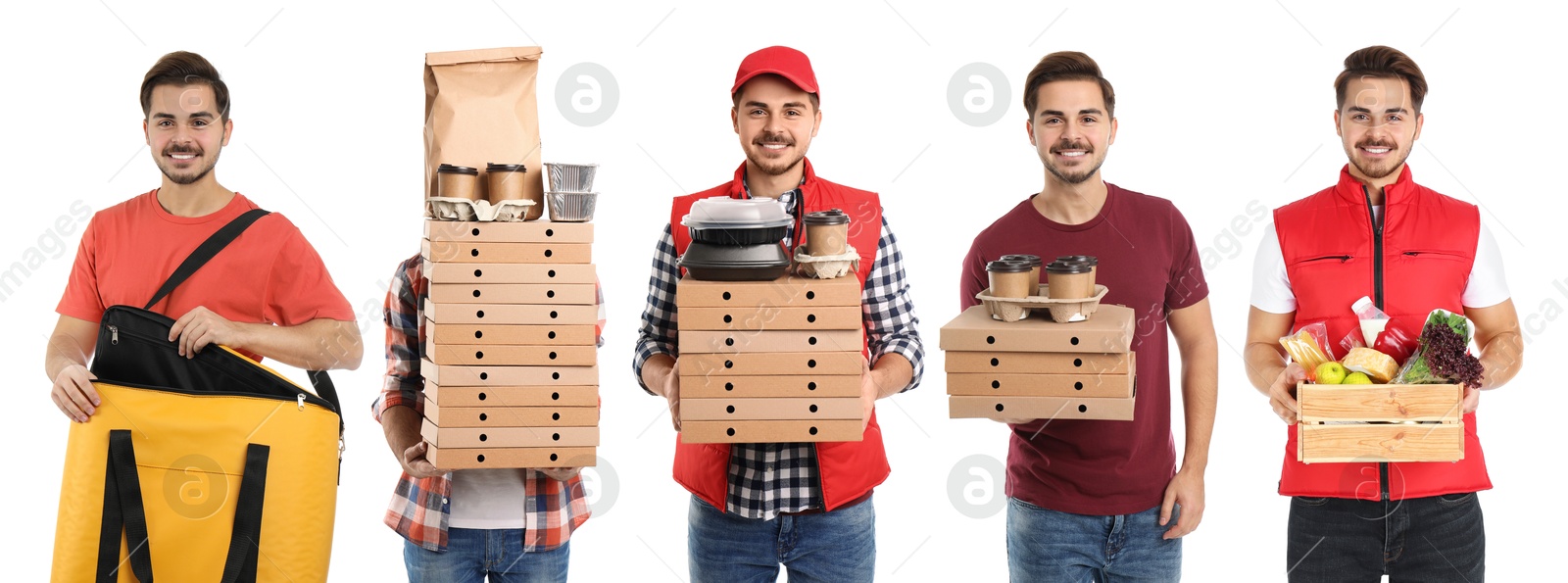 Food delivery service worker isolated on white, collage of portraits Image of Food delivery service worker isolated on white, collage of portraits