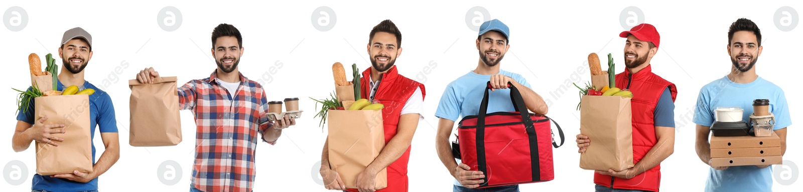 Food delivery service worker isolated on white, collage of portraits Image of Food delivery service worker isolated on white, collage of portraits