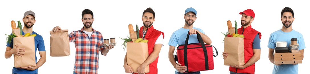 Image of Food delivery service worker isolated on white, collage of portraits