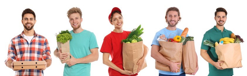 Image of Food delivery service workers isolated on white, collage of portraits