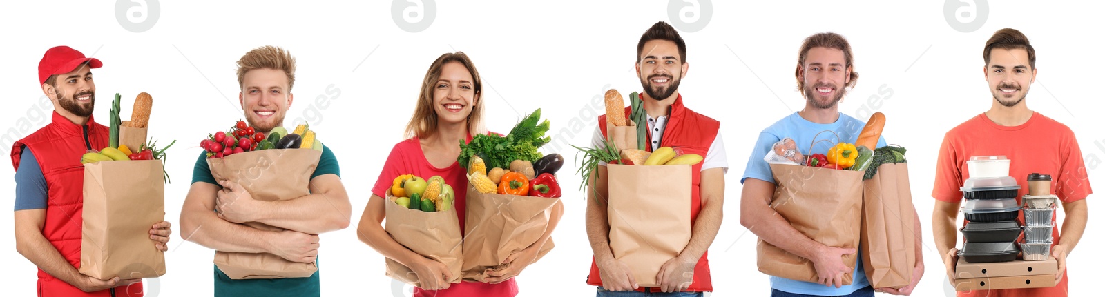 Food delivery service workers isolated on white, collage of portraits Image of Food delivery service workers isolated on white, collage of portraits