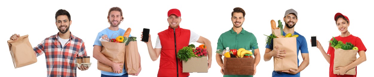 Image of Food delivery service workers isolated on white, collage of portraits