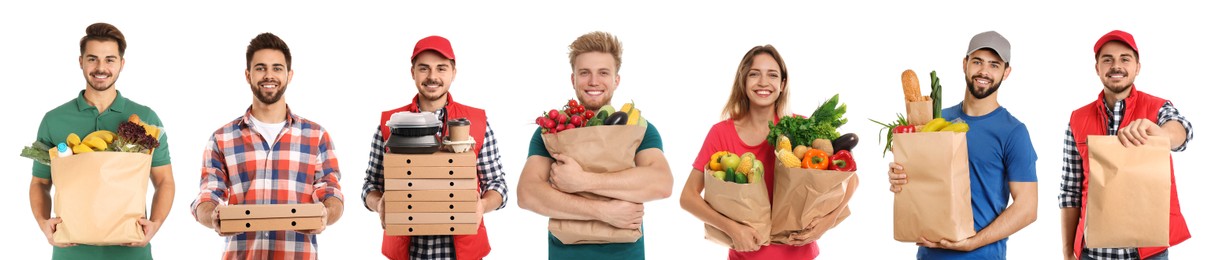 Image of Food delivery service workers isolated on white, collage of portraits