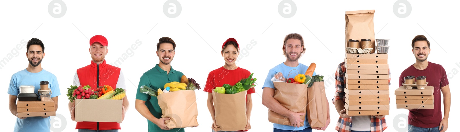 Food delivery service workers isolated on white, collage of portraits Image of Food delivery service workers isolated on white, collage of portraits