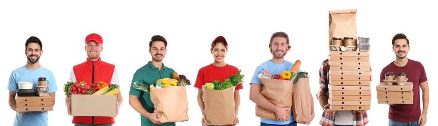 Image of Food delivery service workers isolated on white, collage of portraits