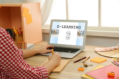 Image of E-learning concept. Woman studying online using laptop at desk, closeup