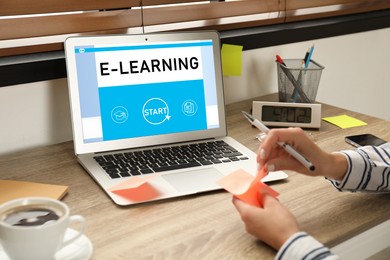 Image of E-learning concept. Woman studying online using laptop at desk, closeup
