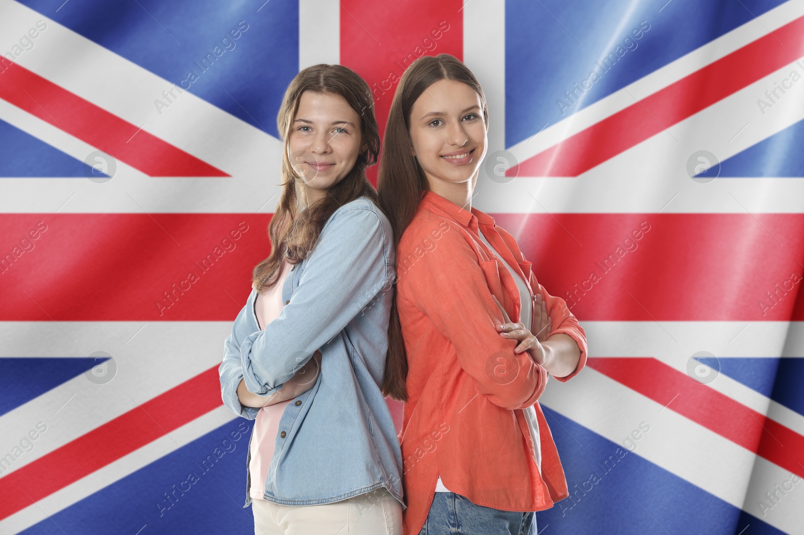 Students against flag of United Kingdom. Language school Image of Students against flag of United Kingdom. Language school