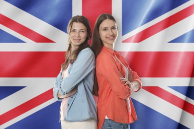 Image of Students against flag of United Kingdom. Language school