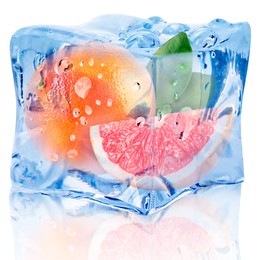 Image of Fresh grapefruits inside ice cube on white background