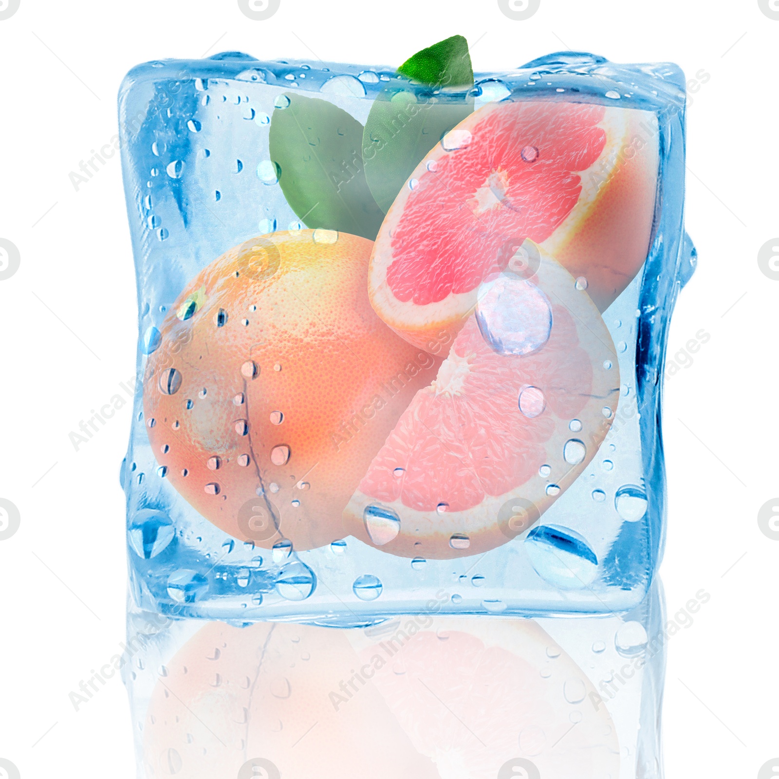 Image of Fresh grapefruits inside ice cube on white background