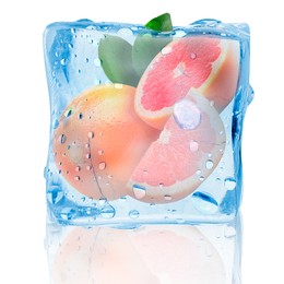 Image of Fresh grapefruits inside ice cube on white background