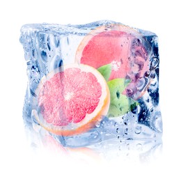 Image of Fresh grapefruit inside ice cube on white background