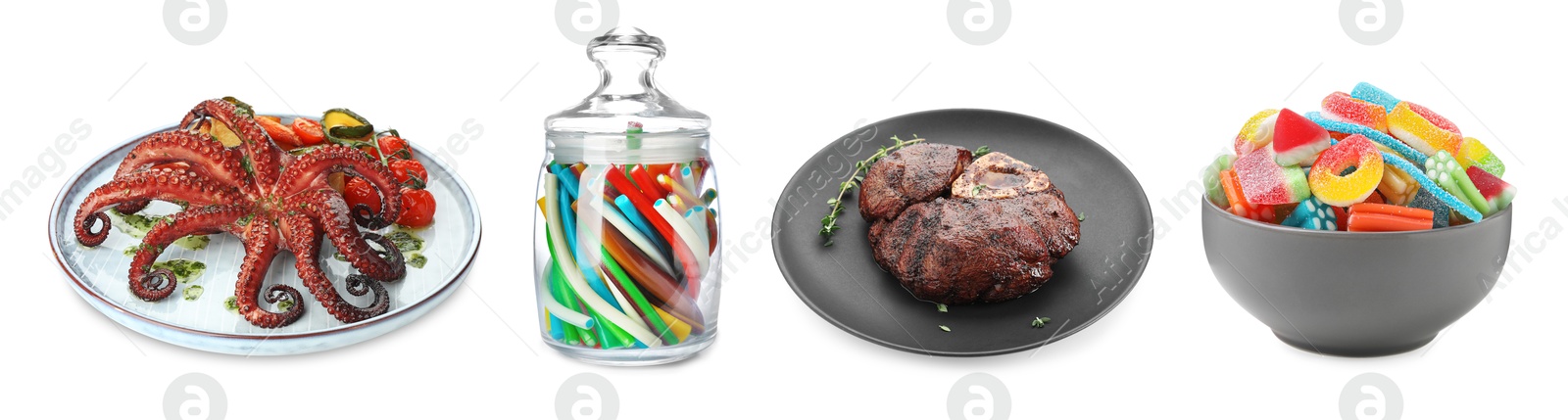 Food with chewy texture, collage. Dishes and gummy candies isolated on white Image of Food with chewy texture, collage. Dishes and gummy candies isolated on white