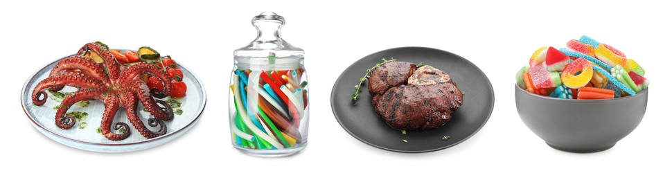 Image of Food with chewy texture, collage. Dishes and gummy candies isolated on white