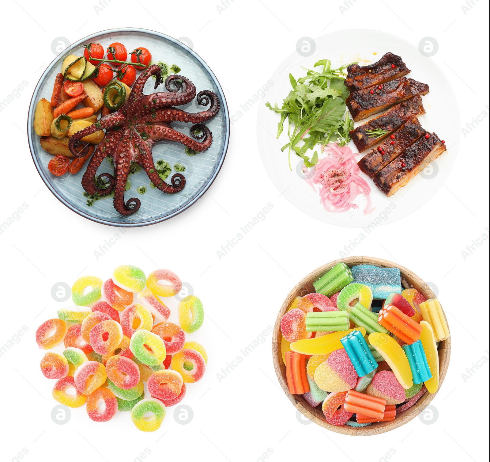 Food with chewy texture, collage. Dishes and gummy candies isolated on white Image of Food with chewy texture, collage. Dishes and gummy candies isolated on white