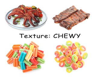 Image of Food with chewy texture, collage. Dishes and gummy candies isolated on white