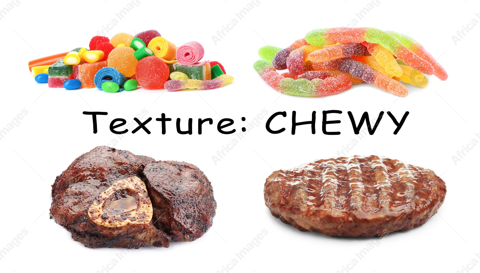 Food with chewy texture, collage. Dishes and gummy candies isolated on white Image of Food with chewy texture, collage. Dishes and gummy candies isolated on white