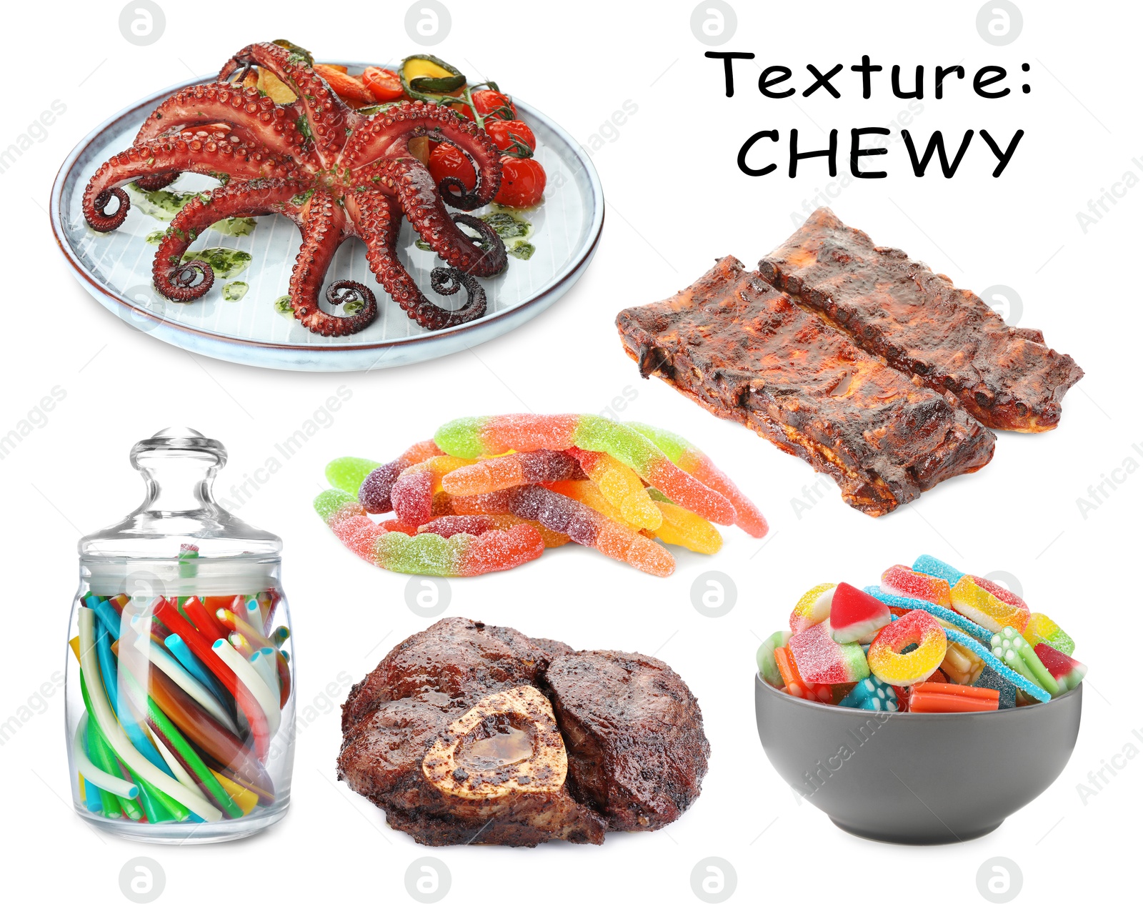 Food with chewy texture, collage. Dishes and gummy candies isolated on white Image of Food with chewy texture, collage. Dishes and gummy candies isolated on white