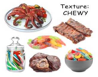 Image of Food with chewy texture, collage. Dishes and gummy candies isolated on white
