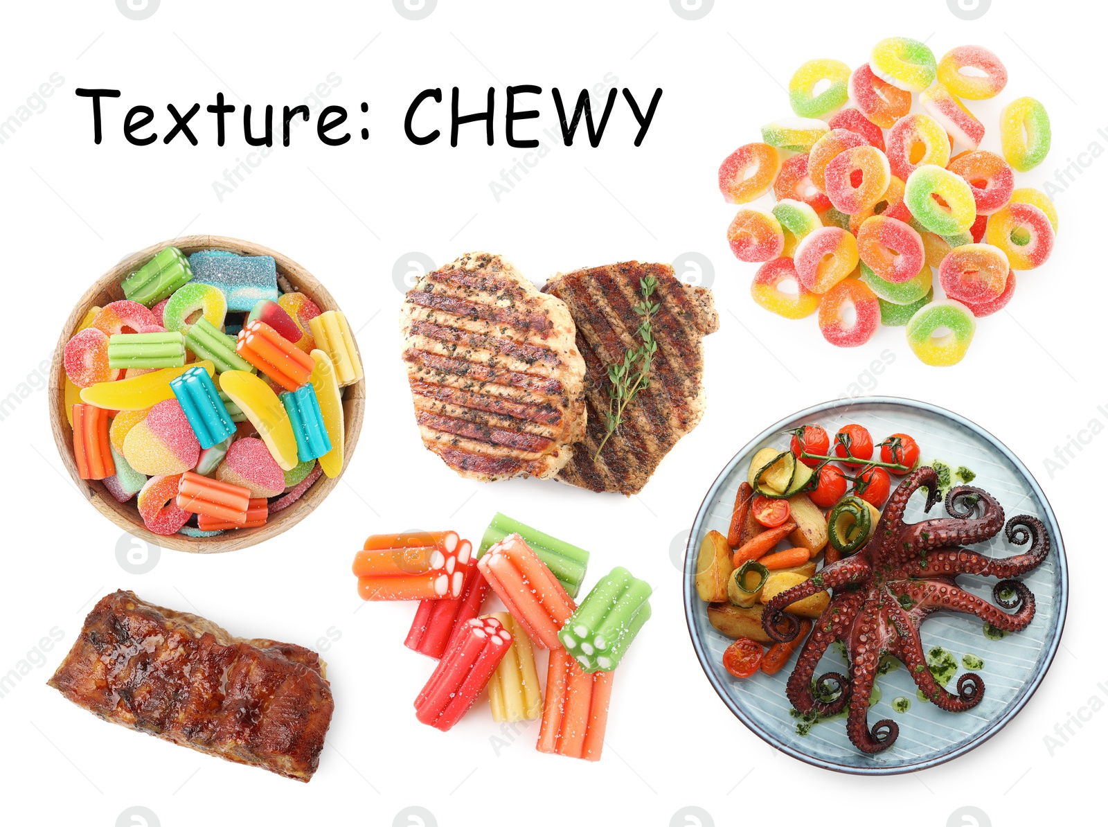 Food with chewy texture, collage. Dishes and gummy candies isolated on white Image of Food with chewy texture, collage. Dishes and gummy candies isolated on white
