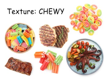 Image of Food with chewy texture, collage. Dishes and gummy candies isolated on white