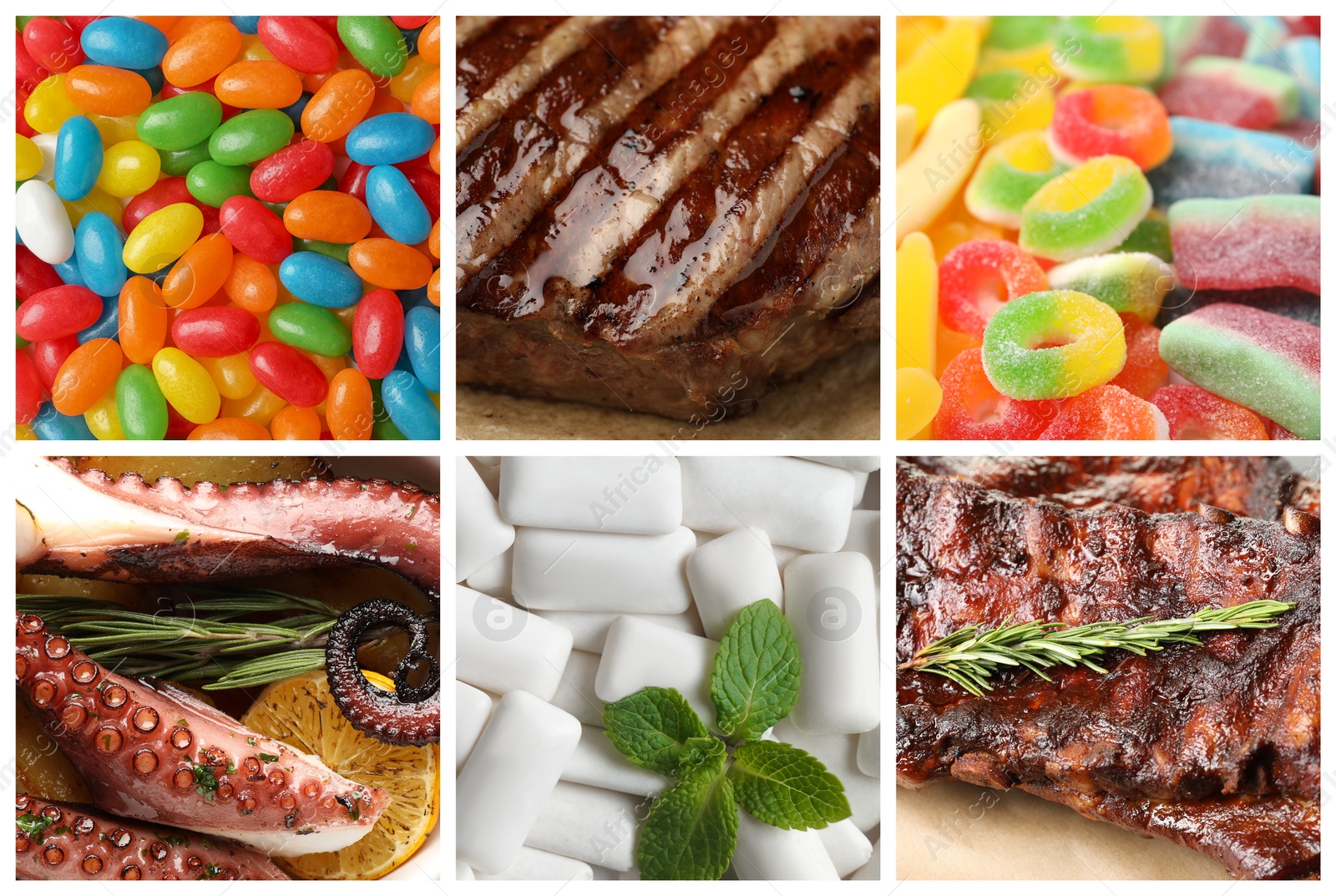 Food with chewy texture. Dishes, gum and candies, collage Image of Food with chewy texture. Dishes, gum and candies, collage