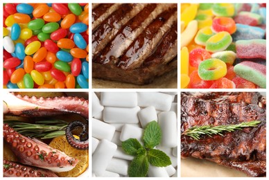 Image of Food with chewy texture. Dishes, gum and candies, collage