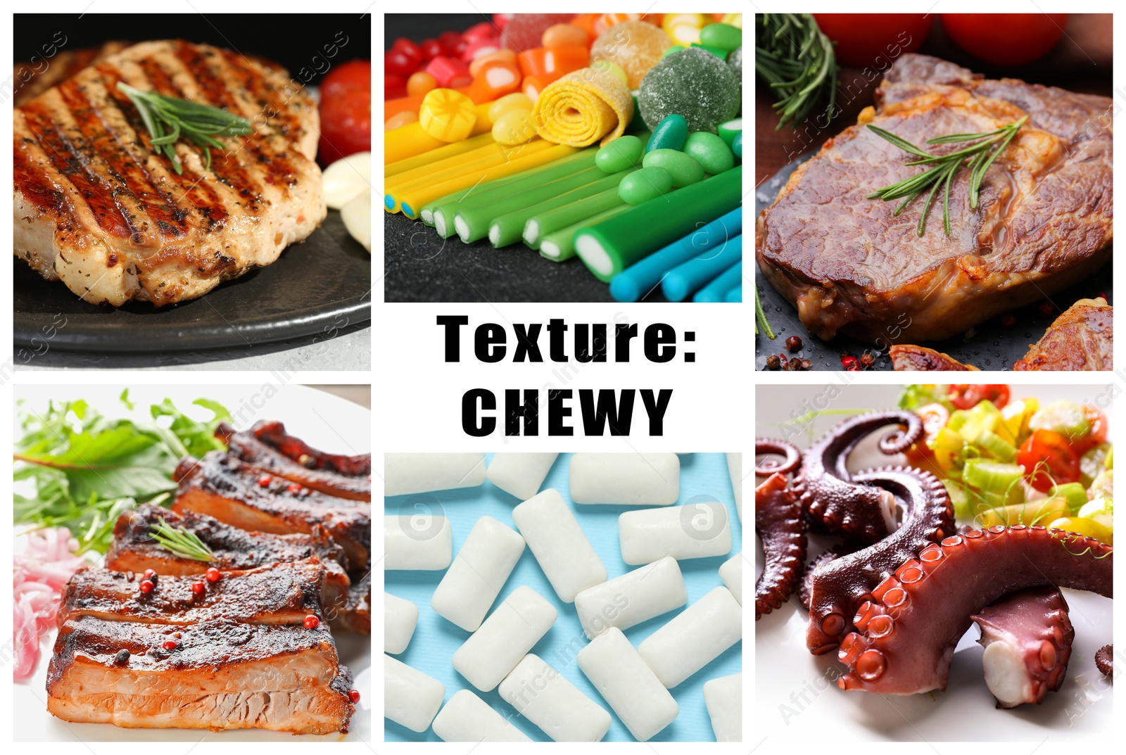 Food with chewy texture. Dishes, gum and candies, collage Image of Food with chewy texture. Dishes, gum and candies, collage