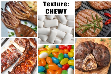 Image of Food with chewy texture. Dishes, gum and candies, collage