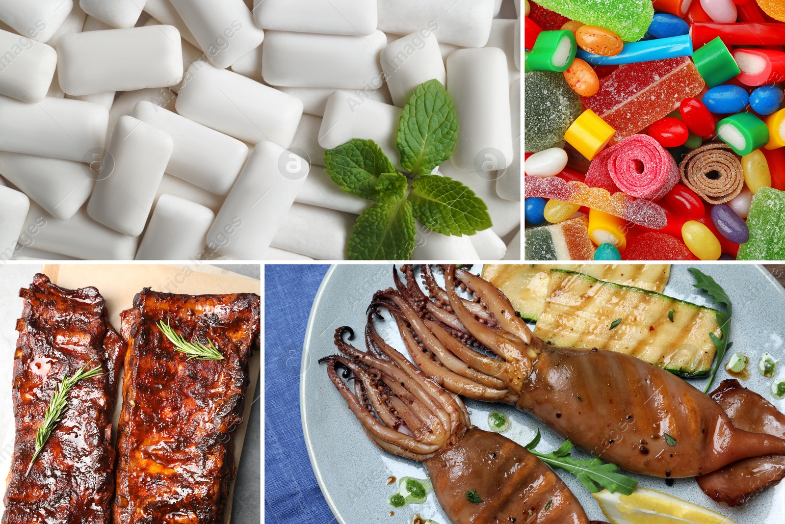 Food with chewy texture. Dishes, gum and candies, collage Image of Food with chewy texture. Dishes, gum and candies, collage