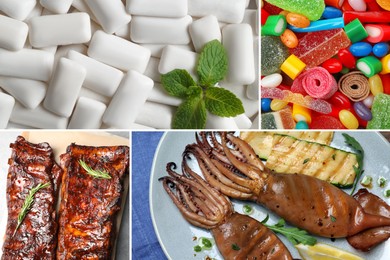 Image of Food with chewy texture. Dishes, gum and candies, collage