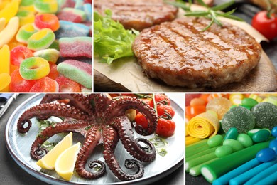 Image of Food with chewy texture. Dishes and gummy candies, collage
