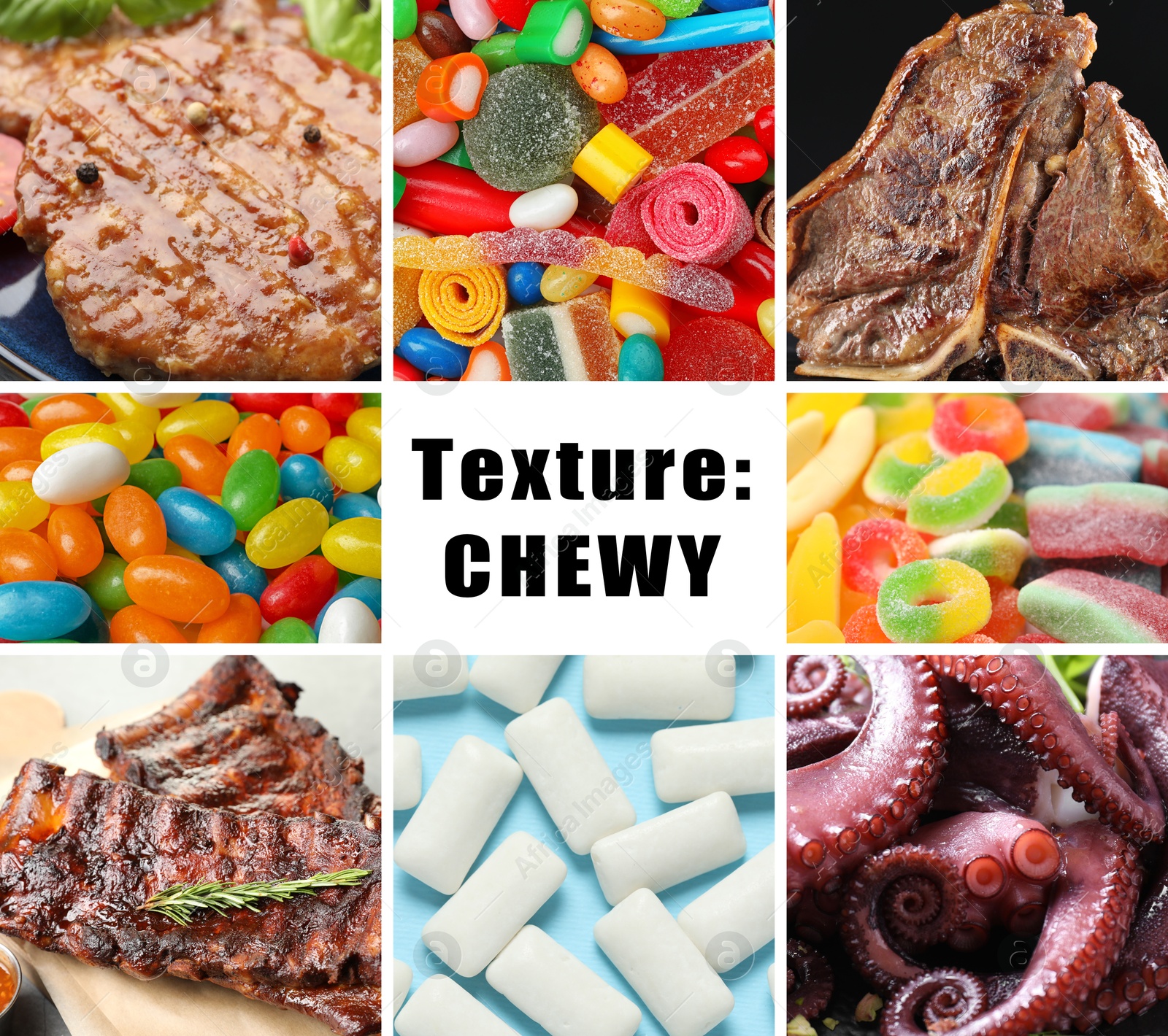 Food with chewy texture. Dishes, gum and candies, collage Image of Food with chewy texture. Dishes, gum and candies, collage