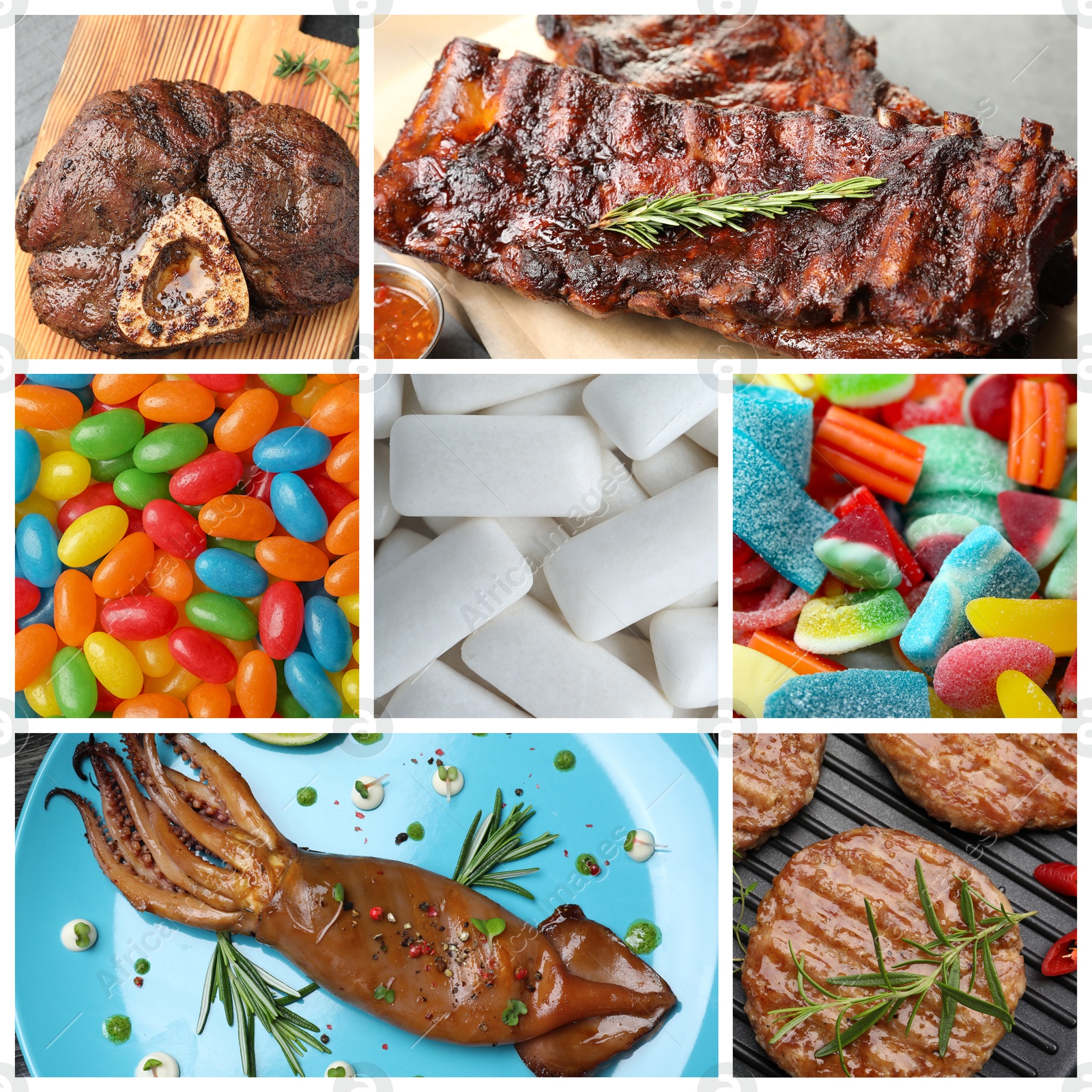 Food with chewy texture. Dishes, gum and candies, collage Image of Food with chewy texture. Dishes, gum and candies, collage