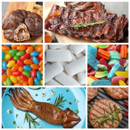 Image of Food with chewy texture. Dishes, gum and candies, collage