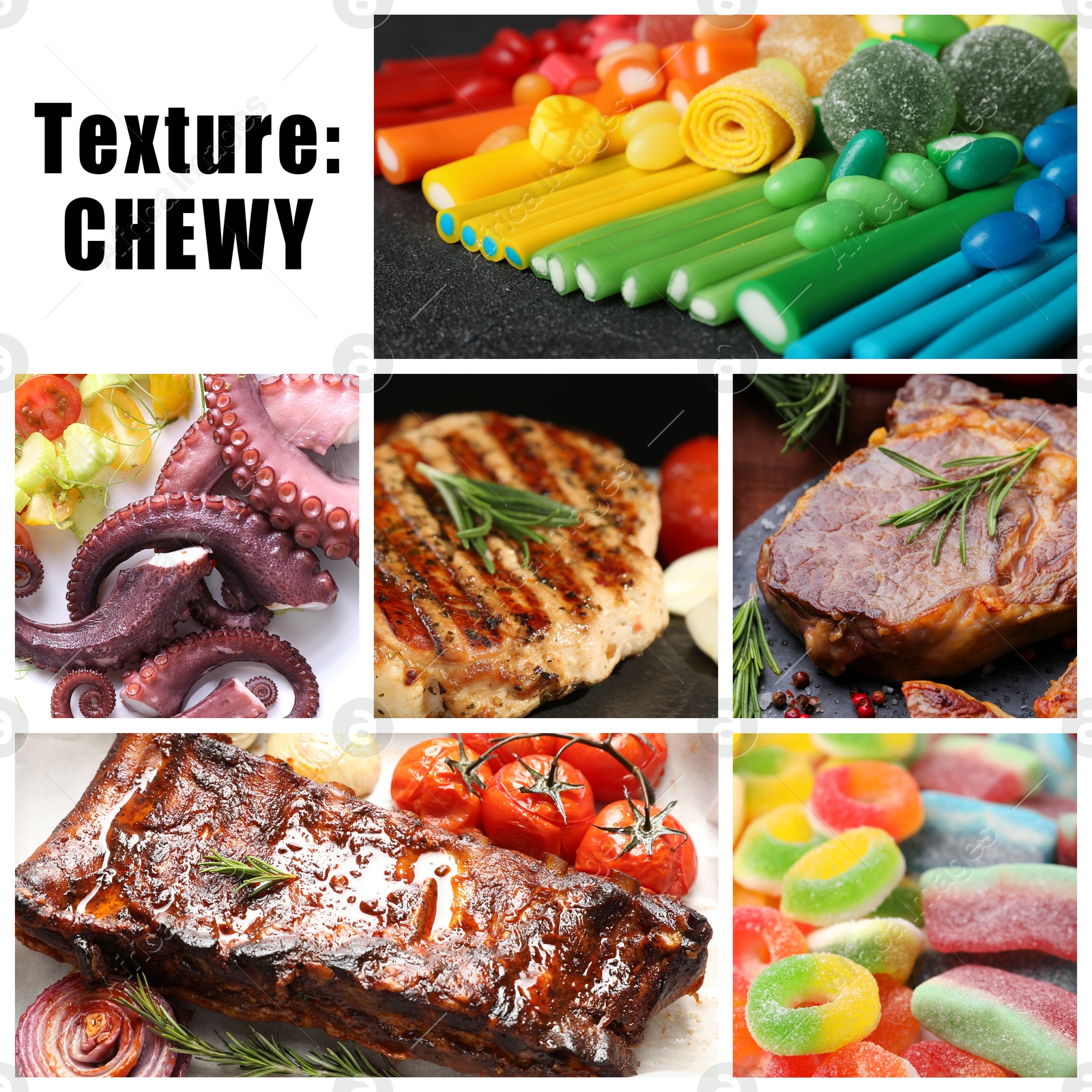 Food with chewy texture. Dishes and gummy candies, collage Image of Food with chewy texture. Dishes and gummy candies, collage