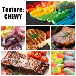 Image of Food with chewy texture. Dishes and gummy candies, collage