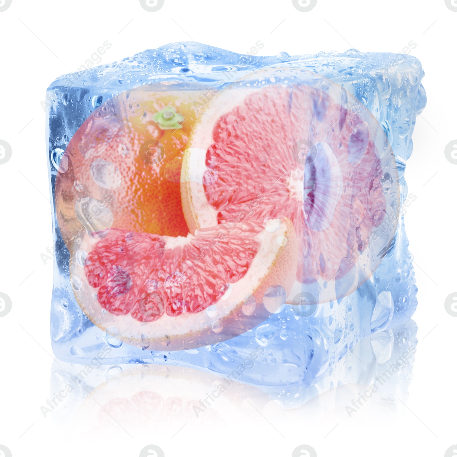 Image of Fresh grapefruits inside ice cube on white background