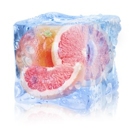 Image of Fresh grapefruits inside ice cube on white background