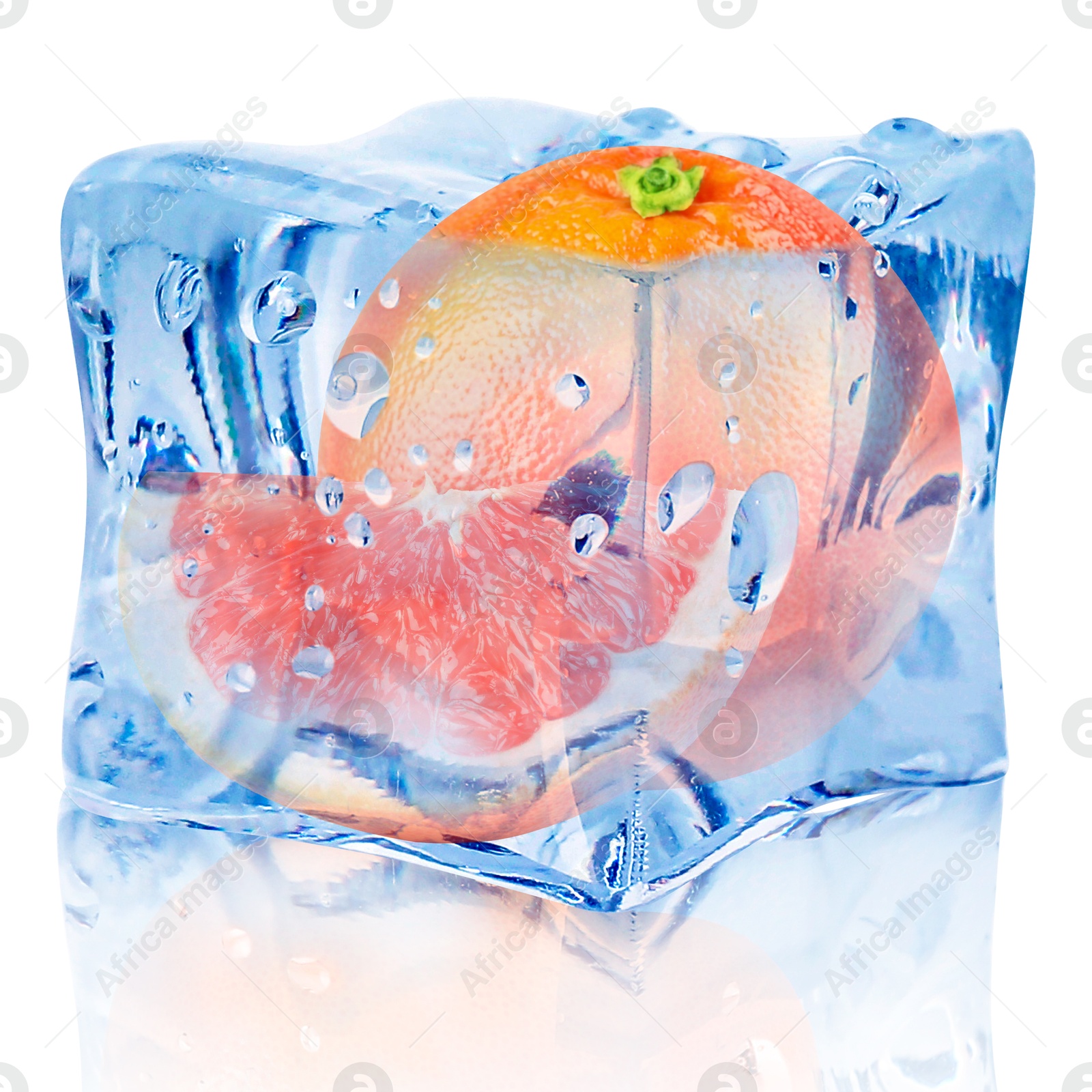 Image of Fresh grapefruits inside ice cube on white background