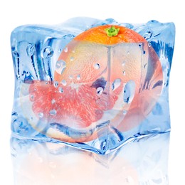 Image of Fresh grapefruits inside ice cube on white background