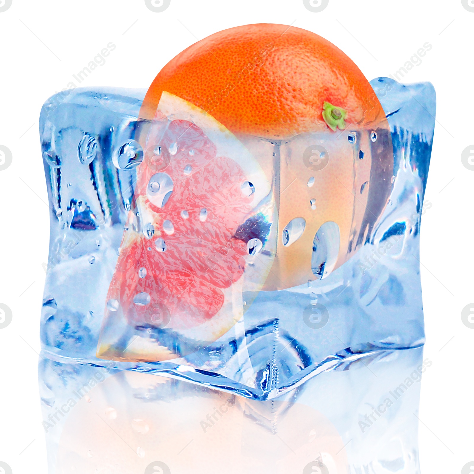 Image of Fresh grapefruits inside ice cube on white background