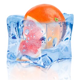 Image of Fresh grapefruits inside ice cube on white background