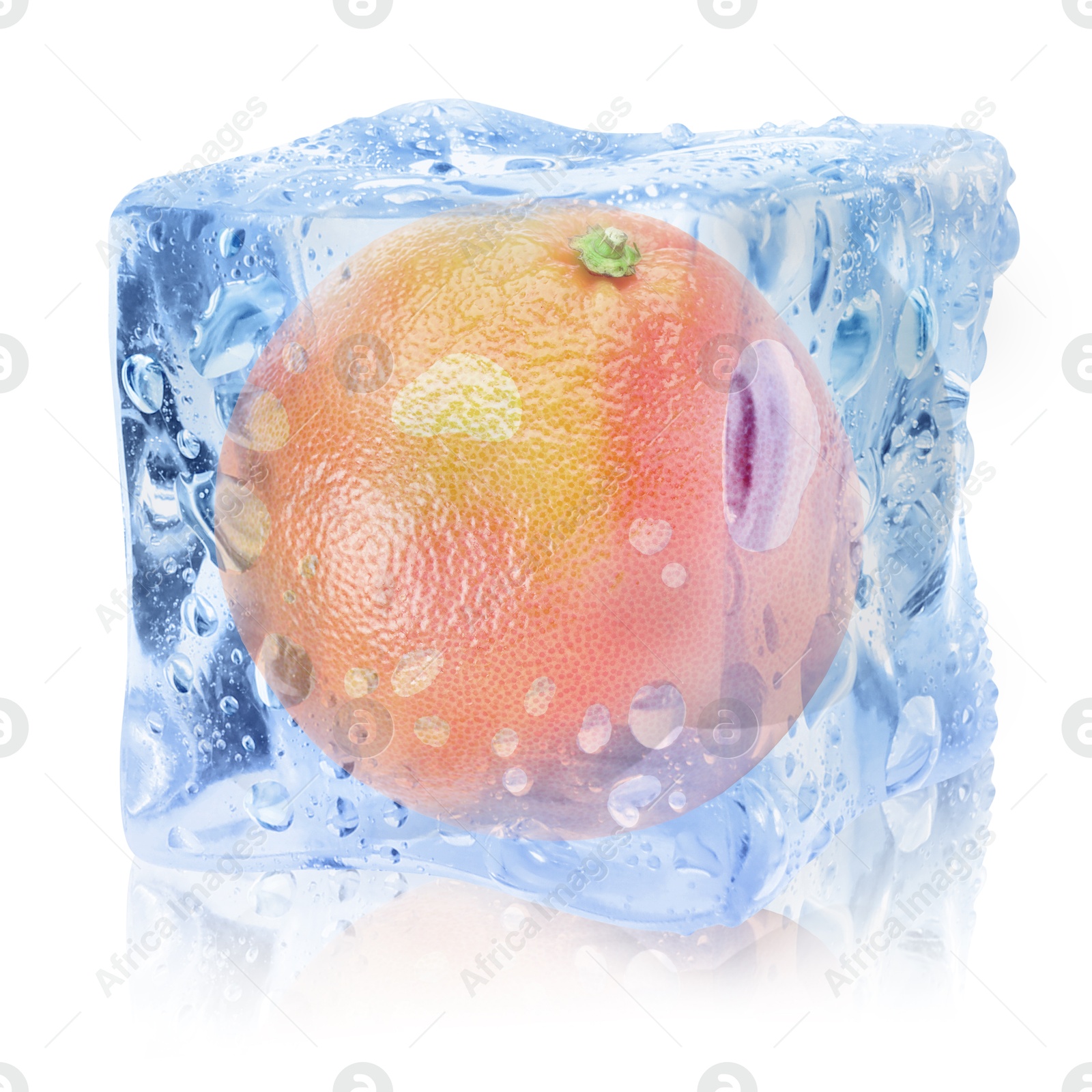 Fresh grapefruit inside ice cube on white background Image of Fresh grapefruit inside ice cube on white background