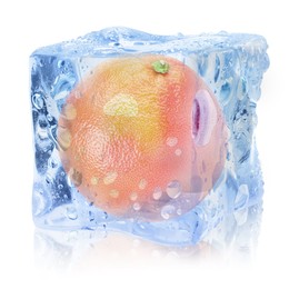 Image of Fresh grapefruit inside ice cube on white background